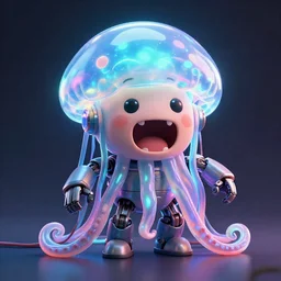 funny, cute, cute, smiling, screaming, Tintoy Characterdesign Robot neon jellyfish tentacles anr wires hard surface modelling, by Eddie Mendoza, by Peter mohrbacher, Pictoplasma bioluminescent biomechanical halo, by jarold Sng, by disney, by tooth wu, octane render, cinematic light, high details, dichroic, cgsociety, by jonathan ive