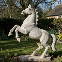 folk art carved concrete statue of a horse rearing up, in an english cottage garden