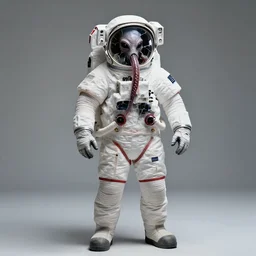 extremely detailed studio portrait of space astronaut, alien tentacle protruding from eyes and mouth, slimy tentacle breaking through helmet visor, shattered visor, full body, soft light, plain studio background, disturbing, shocking realization, award winning photo by martin schoeller