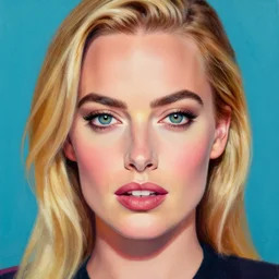 A margot robbie painting with a piercing gaze, vibrant