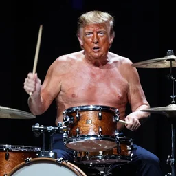 Donald Trump shirtless, drumming on stage like a rockstar