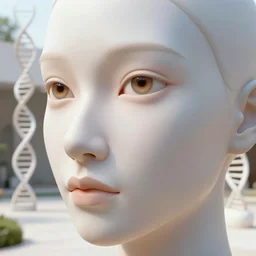 detailed face of a woman with hazel eyes in a biomorphic courtyard with dna sculptures at a science expo, atmospheric, ambient, pj crook, syd mead, livia prima, artgerm, greg rutkowski, nick alm, casey baugh
