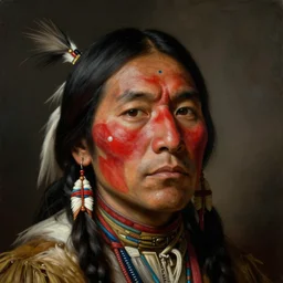 a baroque neoclassicist close - up portrait of a native american wearing warpaint. head, face and shoulders, foggy background. renaissance portrait painting. highly detailed science fiction painting by norman rockwell, frank frazetta, and syd mead. rich colors, high contrast, gloomy atmosphere, dark background. trending on artstation.