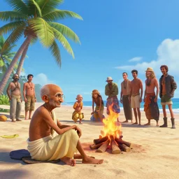 gandhi at the beach, sitting on the sand next to a campfire, with palm trees in the back, by artgerm, ilya kuvshinov katsuhiro villeneuve, jeremy lipkin and michael garmash and rob rey, disney pixar zootopia, by tristan eaton, stanley artgermm, tom bagshaw, greg rutkowski, carne griffiths