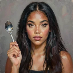 Portrait of Doja Cat holding a spoon in her hand, painting of