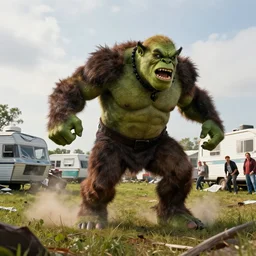 a ( ( huge violent angry ogre ) ) stomps through a trailer park, background trailer homes and smashed trailer homes, people looking on in astonishment