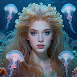 princess of sea anemones, gorgeous, realistic face, anemone hair, jellyfish, artgerm, seb mckinnon, edouard bisson, translucent, 8 k portrait render, 🌊, 🐠, ultra realistic, cinematic lighting, painterly