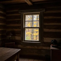 inside an old log cabin, the autumn light comes in through a window and dimly illuminates the room, softened diffuse light, photorealism, photo taken with canon EOS 5D and 35 mm lens