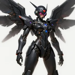 uncropped stealthy Feminine mecha (with futuristic jet armor and wings) with a heart visor helmet, symphogear, far shot, full body character portrait, hi-tech Vaporwave, trending on Artstation, black armor, digital painting, concept art, sharp focus, illustration, art by WLOP and Greg Rutkowski