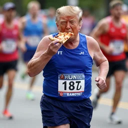 Donald Trump running in a marathon while eating a fat slice of pizza, photorealistic