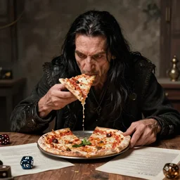 a grumpy old danish man with long black hair eating pizza while DMing an AD&D game, D&D, rogue, dark hair, skinny, middle aged, D&D dice on table, papers on table, character sheets on table