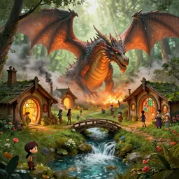 burning medieval hobbit homes being attacked by a huge dragon, centered, ornate, beautiful, atmosphere, vibe, mist, smoke, chimney, rain, well, wet, pristine, puddles, waterfall, clear stream, bridge, orange, green, stained glass, forest, flowers, concept art illustration, color page, 4 k, tone mapping, doll, akihiko yoshida, james jean, andrei riabovitchev, marc simonetti, yoshitaka amano, digital illustration, greg rutowski, volumetric lighting, sunbeams, particles, rembrandt