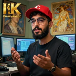 hyperrealist portrait of a young ducktail bearded middle eastern american man wearing wayfarer glasses and red baseball cap giving a speech. the room is filled with computer monitors and network cables. by jeremy mann and alphonse mucha, fantasy art, photo realistic, dynamic lighting, artstation, poster, volumetric lighting, very detailed faces, 8 k, award winning