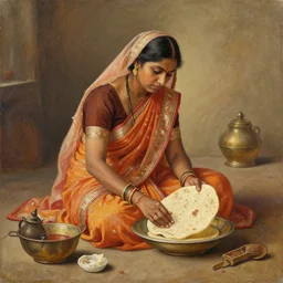 painting of a women from maharashtra in saree from 2 0 th century making chapati