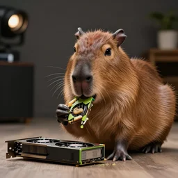 cute capybara eating a nvidia gpu, chewing on a graphic card, studio lighting, shallow depth of field, bokeh, sharp focus, taken by sony a 7 r, 4 k