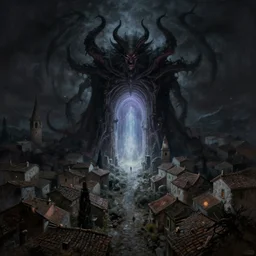 a demonic magical ethereal portal!! to hell. in a small medieval mediterranean town. dark matte painting by eytan zana