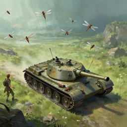 a horde of dragonflies using cables to lift a tank, fantasy, digital art by RHADS and Moebius, artstation