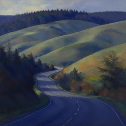 a road weaving through rolling hills from the edge of a forest. perspective landscape. strong shadows. deep colorful soft gradients, and translucence. by stanislaw fernandes and eyvind earle