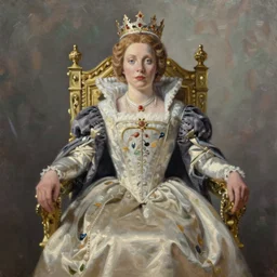 A painting of a queen sitting on a throne by Greg Rutkowski, oil painting, realism, trending on artstation