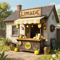 lemonade stand outside of an average house, steampunk style, concept art