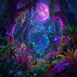 vibrant multi - color neon exoplanet jungle gameplay with non - terrestrial foliage that is purple. sharpened. e 3 trailer footage. render. raytracing. global illumination. featured on artstation, behance, twitter, youtube, reddit. masterpiece. fantastic lighting. incredible scene. unbelievable art. overwhelming talent. digital art by james gurney. rule of thirds.
