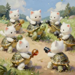 white soldier kittens riding turtles going into battle, cute, digital oil painting, trending on artstation