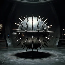 movie film still of a metallic device with spikes in a round room, science fiction, dark