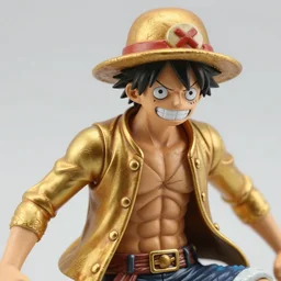 a close up photo of a detailed golden statue of Monkey D. Luffy, 8K,