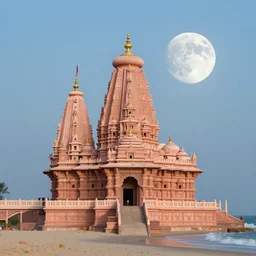 portrait of a serene hindi temple, immaculate full moon above, along a sandy coastline, digital art