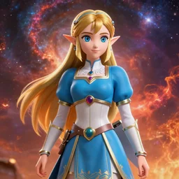 Princess Zelda, anime painting, 3d render, hyper realistic, dramatic lighting, the sky is a nebula on fire, 8k hdr pixiv dslr photo by Makoto Shinkai ilya kuvshinov and Wojtek Fus, digital art, concept art,