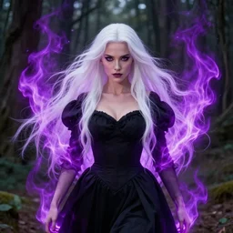 style artgerm, joshua middleton, arthur rackham, beautiful kristen bell with black dress, very long white hair, symmetrical face, symmetrical eyes, purple fire powers fire swirling, detailed, forest setting, cinematic lighting