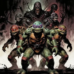 in the style of steve niles rafael albuquerque comic cover art, artgerm, teenage mutant ninja turtles as lovecraftian creatures, sharp teeth, dark scary spooky, violent