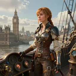 Katniss Everdeen as a steampunk airship pilot standing on the bridge of her airship, looking out over Victorian London, digital steampunk art, trending on ArtStation