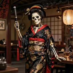 skeleton with a  geisha dress in a japanese burdel, Tending on artstation, concept art, dark colors, 8k