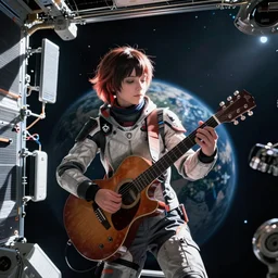 cinematic picture of aloy from the horizon zero dawn videogame playing the guitar in the international space station