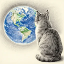 a giant cat watching the Earth drawn by Yusuke Murata, realistic pencil drawing