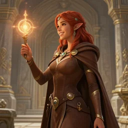 sideview of a dnd young priestess in the ornamental stone temple, earth attuned, brown robes, skintight, cloak, beautiful, light brown skin, red hair, happy, metallic brass accessories, spellcasting, high fantasy, detailed face, highly detailed, 🍑 sharp focus, smooth, digital illustration, by clyde caldwell
