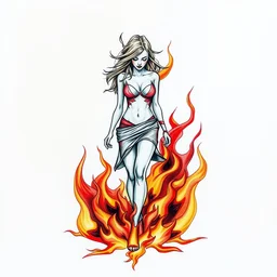 tattoo sketch of a woman walking through flames, abstract, vibrant, color, amazing detail, award winning, trending on pinterest