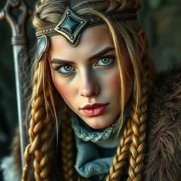 leaning forward zingy portrait featuring a perfect dua lipa with saffron stunning blond braids as a viking, by steve henderson, trending on artstation, naturalism, steampunk, in - depth, lumen global illumination, 8 k, resolution, street art, steelpunk, voronoi minkowski