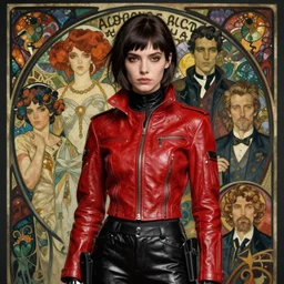 realistic detailed face portrait of the beautiful young cyberpunk woman wearing a high fashion red leather jacket, black pants with a side holster, by Alphonse Mucha, Ayami Kojima, Amano, Charlie Bowater, Karol Bak, Greg Hildebrandt, Jean Delville, and Mark Brooks, Art Nouveau, Neo-Gothic, gothic, rich deep moody colors
