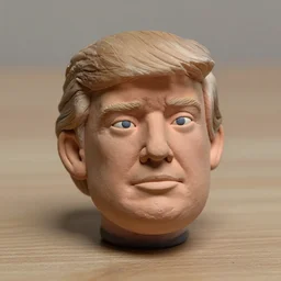 low saturation!!donald trump !!! very extremely realistic!!! extreme likeness!!! smooth specular clay! extremely close smooth specular sculpted headshot of donald trump clay puppet , soft light dull mood, low saturation, on wooden table. style: claymation puppet kids clay , by guldies