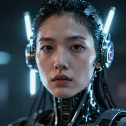 photo of sweaty soulful female as a cyberpunk mecha humanoid robotic head and face parts with straight fluorescent lamps surrounding face, sweaty skin dripping down face, ultra - realistic and detailed, long exposure 8 k