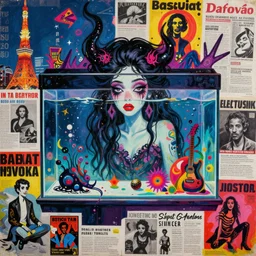acrylic painting of a bizarre nightmare woman in front of an aquarium in tokyo, mixed media collage by basquiat and jackson pollock, maximalist magazine collage art, retro psychedelic illustration, 1 9 3 0 s
