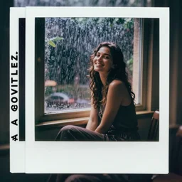 smiling woman sitting by a large window in the dark, torrential rain outside, polaroid photo