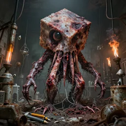 pencils of brutalist medical, unsymmetrical, horror squid cube colossus, surrounding med equipment, abandoned filthy, chemical burns, rusted, macerated, eviscerated by fimbria wires, by v finlay, wayne d barlowe, stefano tamburini, torch light, muted colors, epic, hyper detailed, awe inspiring, award winning horror, hyper realism,