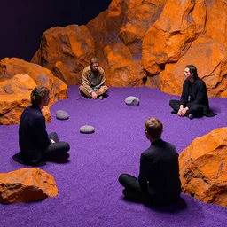 a solarpunk zen garden by simon stalenhag and hubert robert and samuel beal and zacharias aagaard and gillis rombouts, hyperrealism, purple sand, orange rocks, chiaroscuro!!, tonalism!, high saturation, high contrast, vibrant, highly detailed
