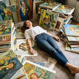 a photograph of a happy woman lying down on her back. she is surrounded by piles and piles of paintings by greg rutkowski.
