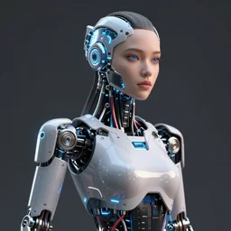 a stunning robot woman with cybernetic enhancements, wires, led lights, glowing lights, futuristic, 3 d render