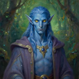 A blue skinned male elf with yellow eyes, noble, scholar, clad in robes, forwards facing, centered, fair, fantasy concept art, beautiful, mystical eyes, magical lighting, mystical, shimmers, nature, oil painting