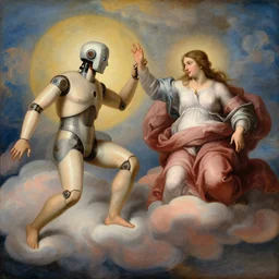 robot touches athletic human on clouds, classical religious painting, 1 6 0 0